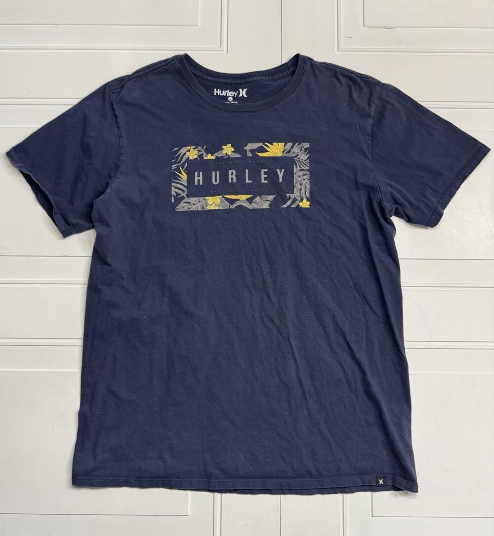 Hurley Mens Sz L Floral Graphic Tee T Shirt Top Navy Blue Yellow Cotton